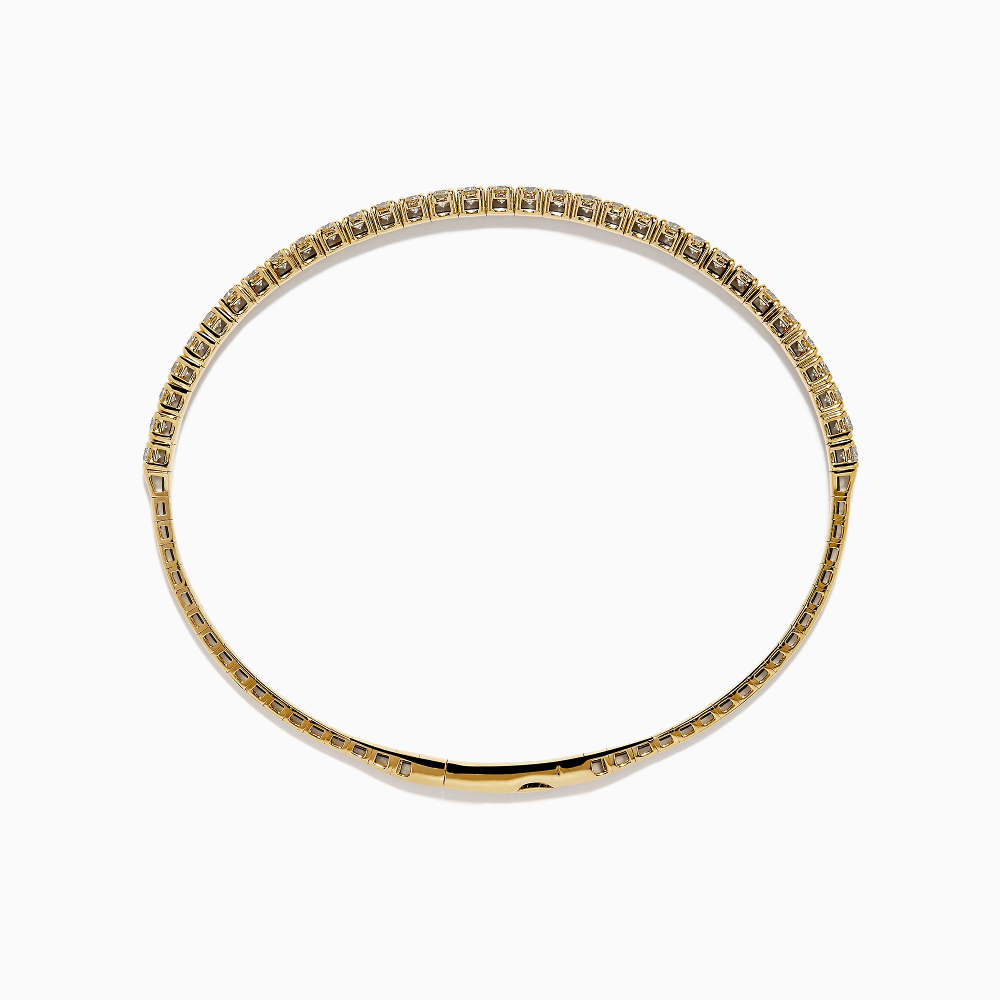 The 14K Yellow Gold Flexible Diamond Bracelet showcases a row of white diamonds on its outer surface, elegantly displayed against a plain white background.