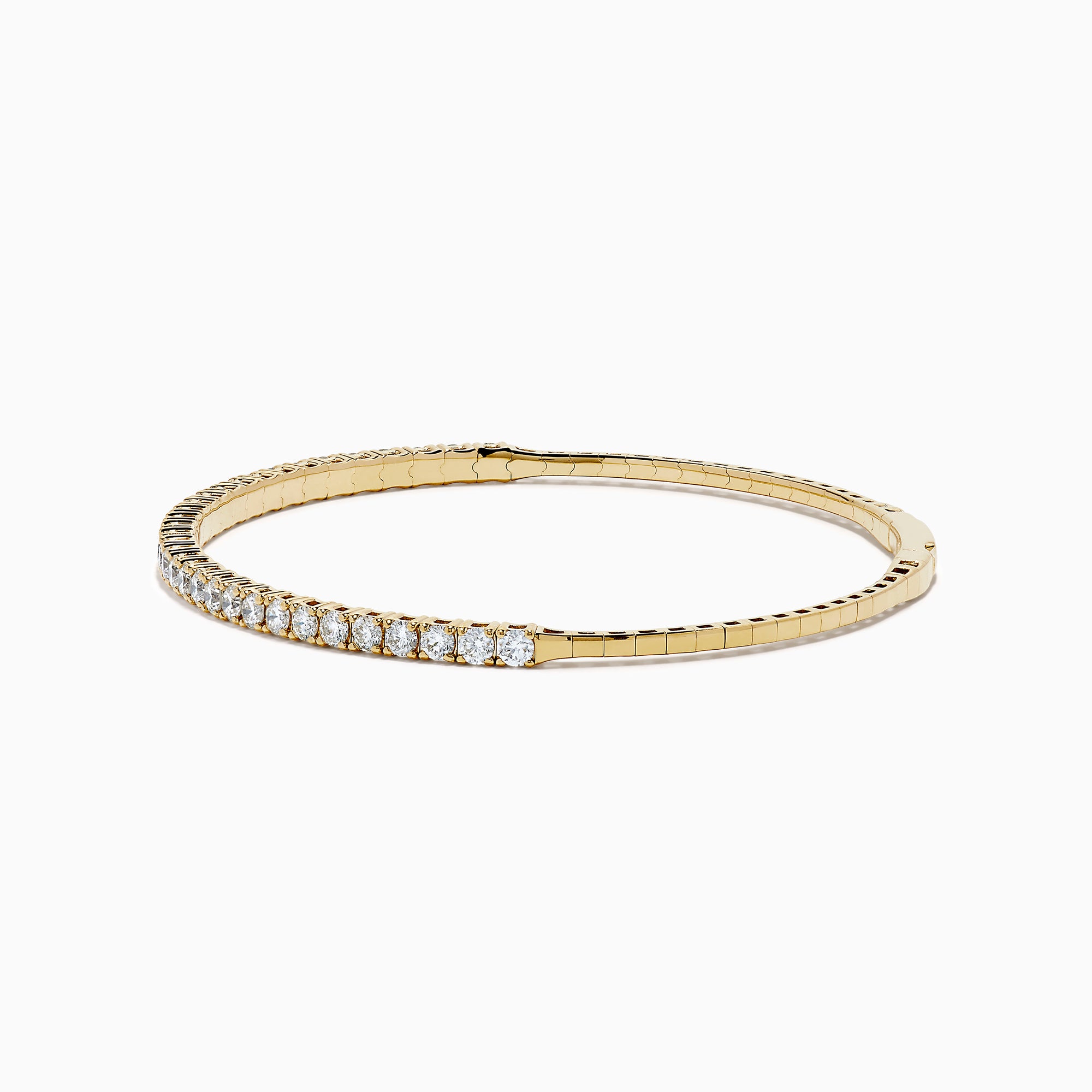 The 14K Yellow Gold Flexible Diamond Bracelet showcases a row of white diamonds on its outer surface, elegantly displayed against a plain white background.