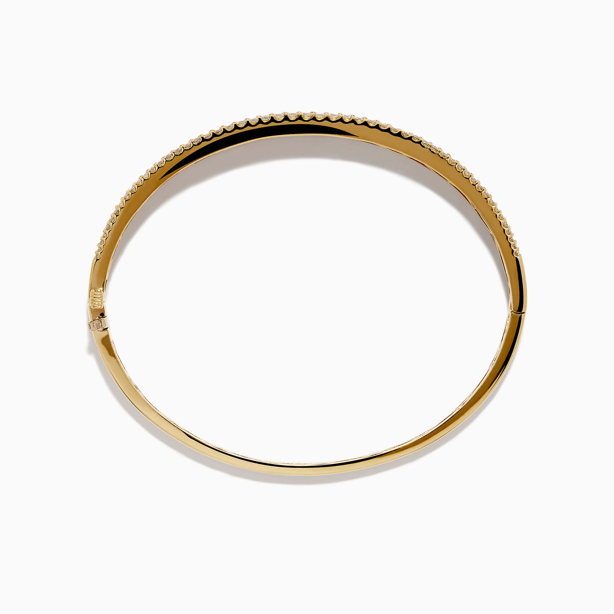 The Watercolors 14K Gold Multi Sapphire and Diamond Bangle dazzles with two diamond rows framing a central rainbow of blue, green, yellow, orange, pink, and red sapphires in a stunning gradient pattern.