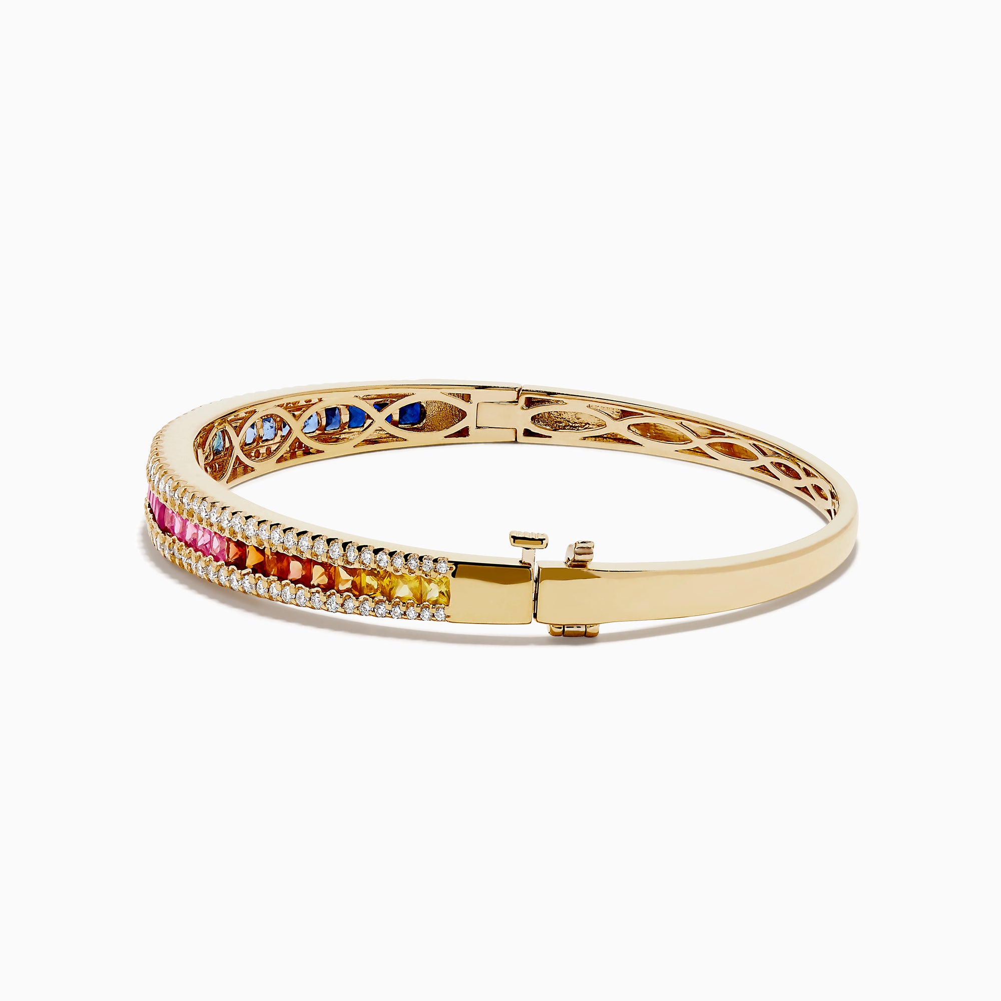 The Watercolors 14K Gold Multi Sapphire and Diamond Bangle dazzles with two diamond rows framing a central rainbow of blue, green, yellow, orange, pink, and red sapphires in a stunning gradient pattern.