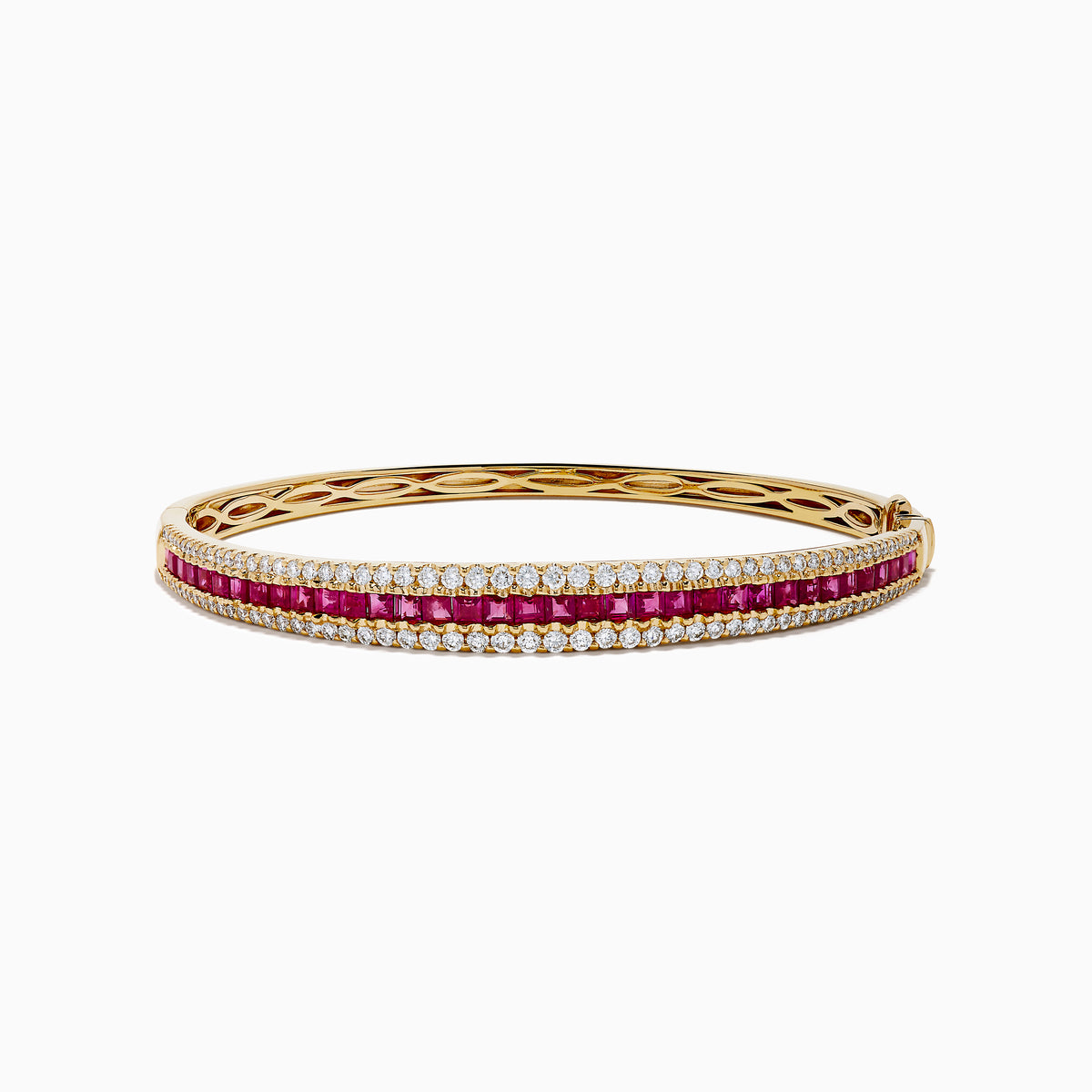 The Ruby Royale 14K Yellow Gold Ruby and Diamond Bangle features two rows of sparkling diamonds flanking a central row of square-cut rubies for a symmetrical, elegant design.