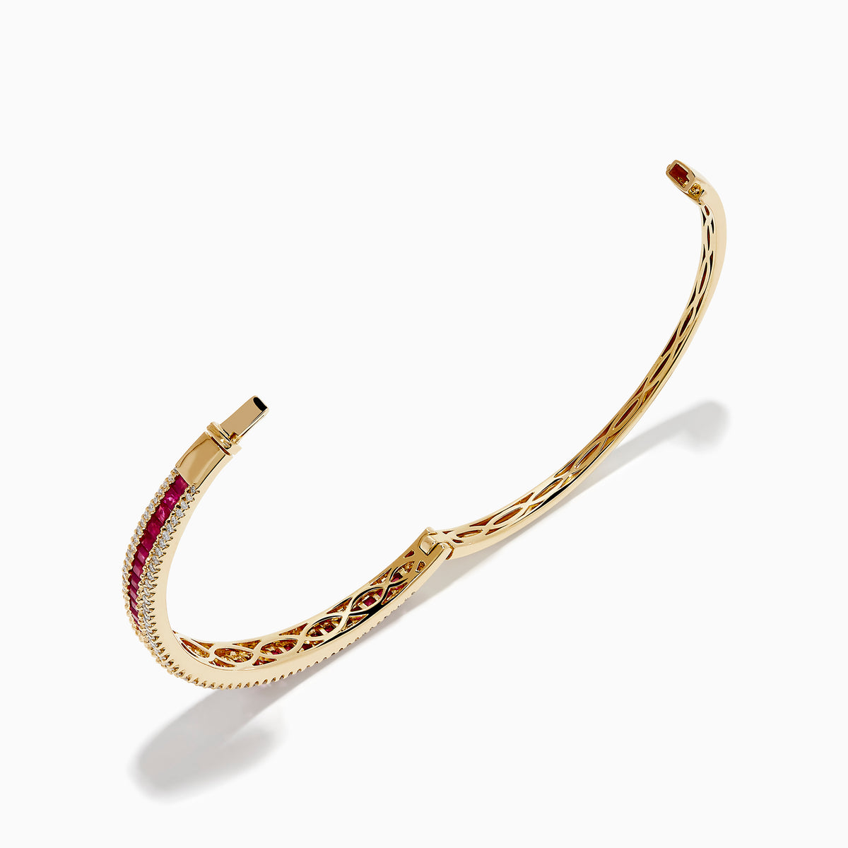 The Ruby Royale 14K Yellow Gold Ruby and Diamond Bangle features two rows of sparkling diamonds flanking a central row of square-cut rubies for a symmetrical, elegant design.