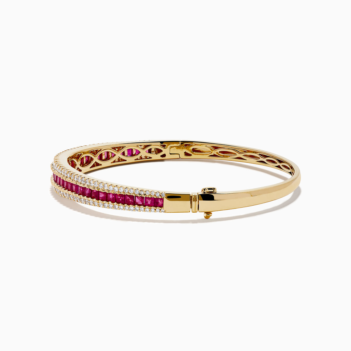 The Ruby Royale 14K Yellow Gold Ruby and Diamond Bangle features two rows of sparkling diamonds flanking a central row of square-cut rubies for a symmetrical, elegant design.
