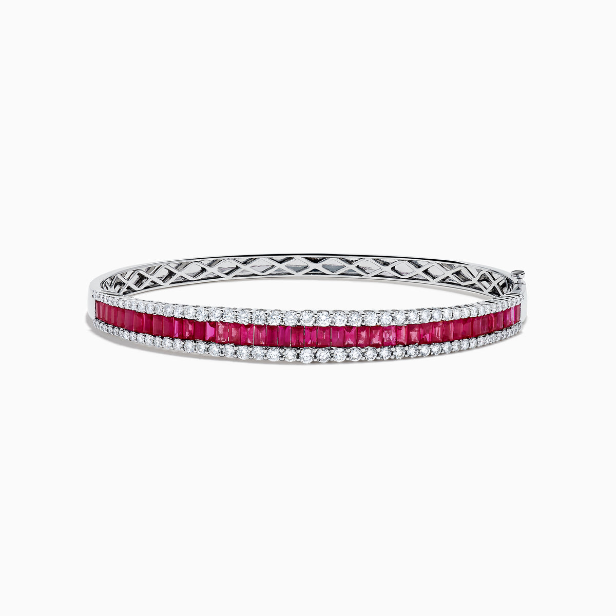 14K White Gold Ruby and Diamond Three-Row Channel-Set Bangle