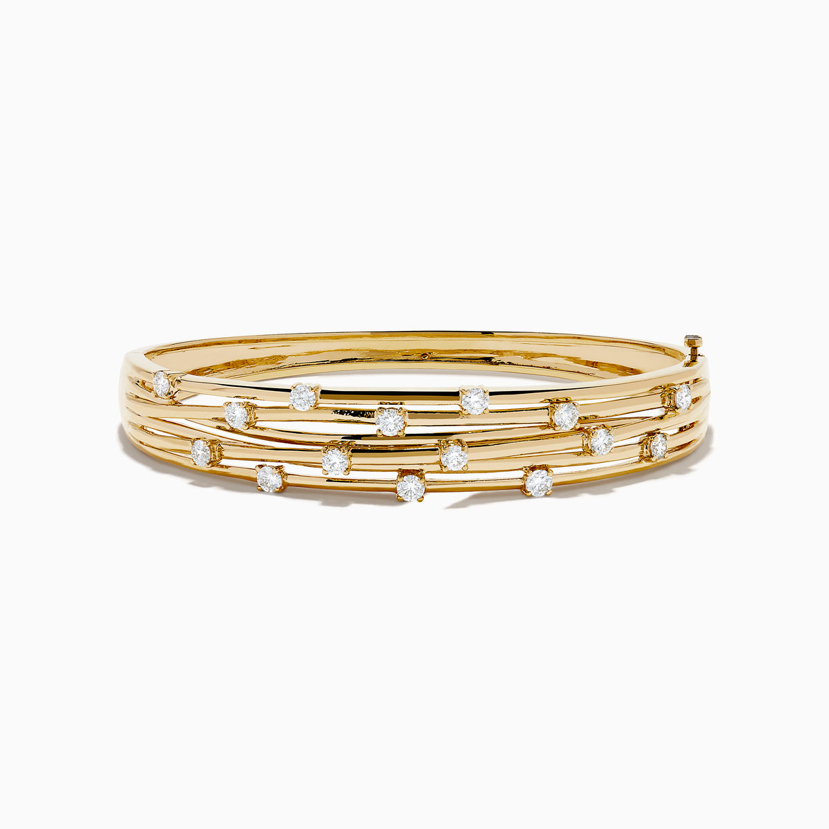 The D'oro 14K Yellow Gold Interwoven Crossover Bangle features multiple slim, interlaced bands adorned with evenly spaced round white gemstones, set in yellow gold for a radiant look.