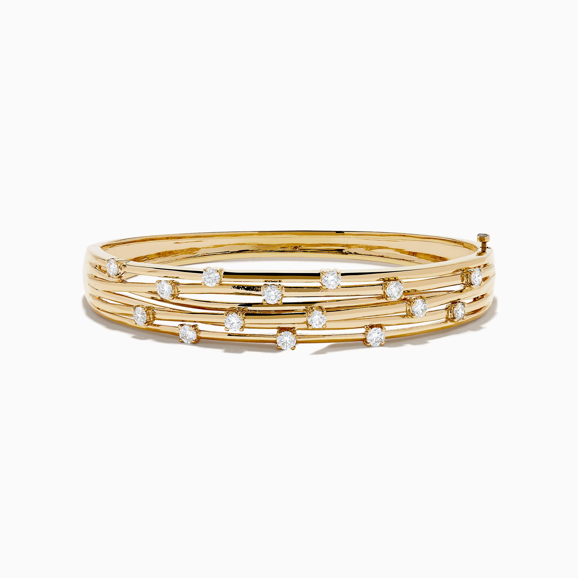 The D'oro 14K Yellow Gold Interwoven Crossover Bangle features multiple slim, interlaced bands adorned with evenly spaced round white gemstones, set in yellow gold for a radiant look.