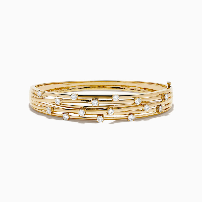 The D'oro 14K Yellow Gold Interwoven Crossover Bangle features multiple slim, interlaced bands adorned with evenly spaced round white gemstones, set in yellow gold for a radiant look.