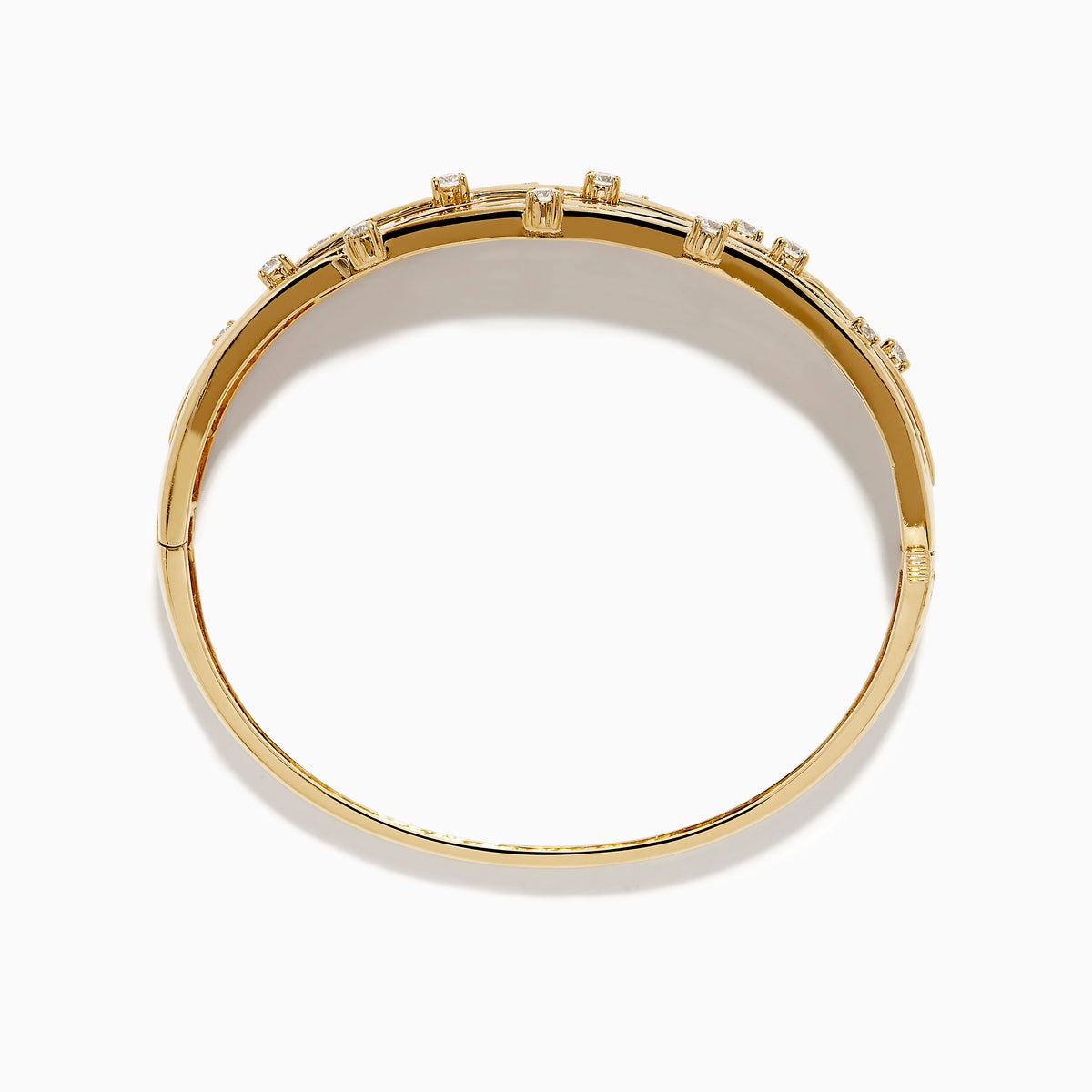 The D'oro 14K Yellow Gold Interwoven Crossover Bangle features multiple slim, interlaced bands adorned with evenly spaced round white gemstones, set in yellow gold for a radiant look.