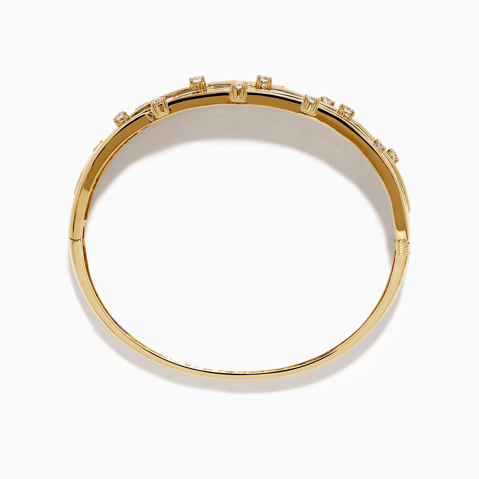 The D'oro 14K Yellow Gold Interwoven Crossover Bangle features multiple slim, interlaced bands adorned with evenly spaced round white gemstones, set in yellow gold for a radiant look.