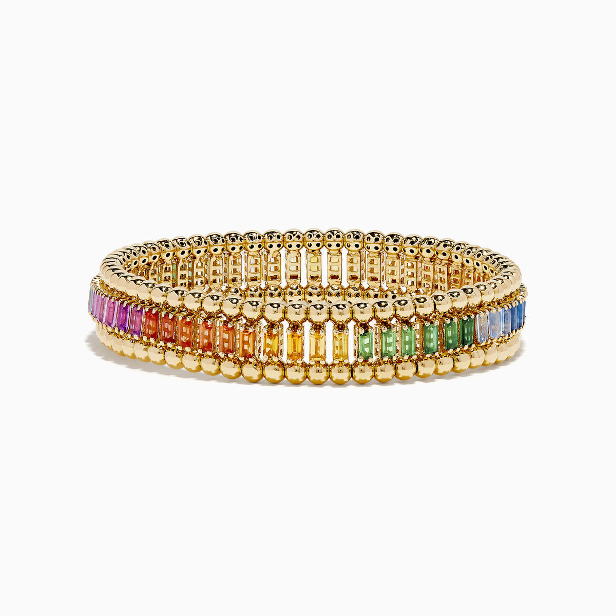 The Watercolors 14K Yellow Gold Multi Sapphire Stretch Bracelet features rectangular sapphires in a vibrant rainbow pattern set in yellow gold.