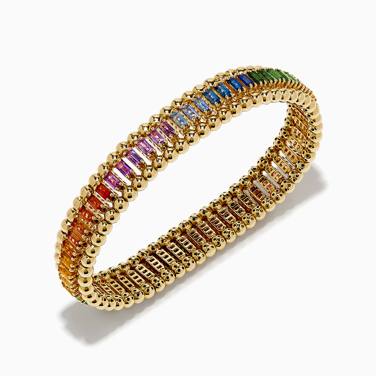 The Watercolors 14K Yellow Gold Multi Sapphire Stretch Bracelet features rectangular sapphires in a vibrant rainbow pattern set in yellow gold.