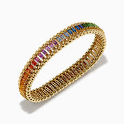 The Watercolors 14K Yellow Gold Multi Sapphire Stretch Bracelet features rectangular sapphires in a vibrant rainbow pattern set in yellow gold.