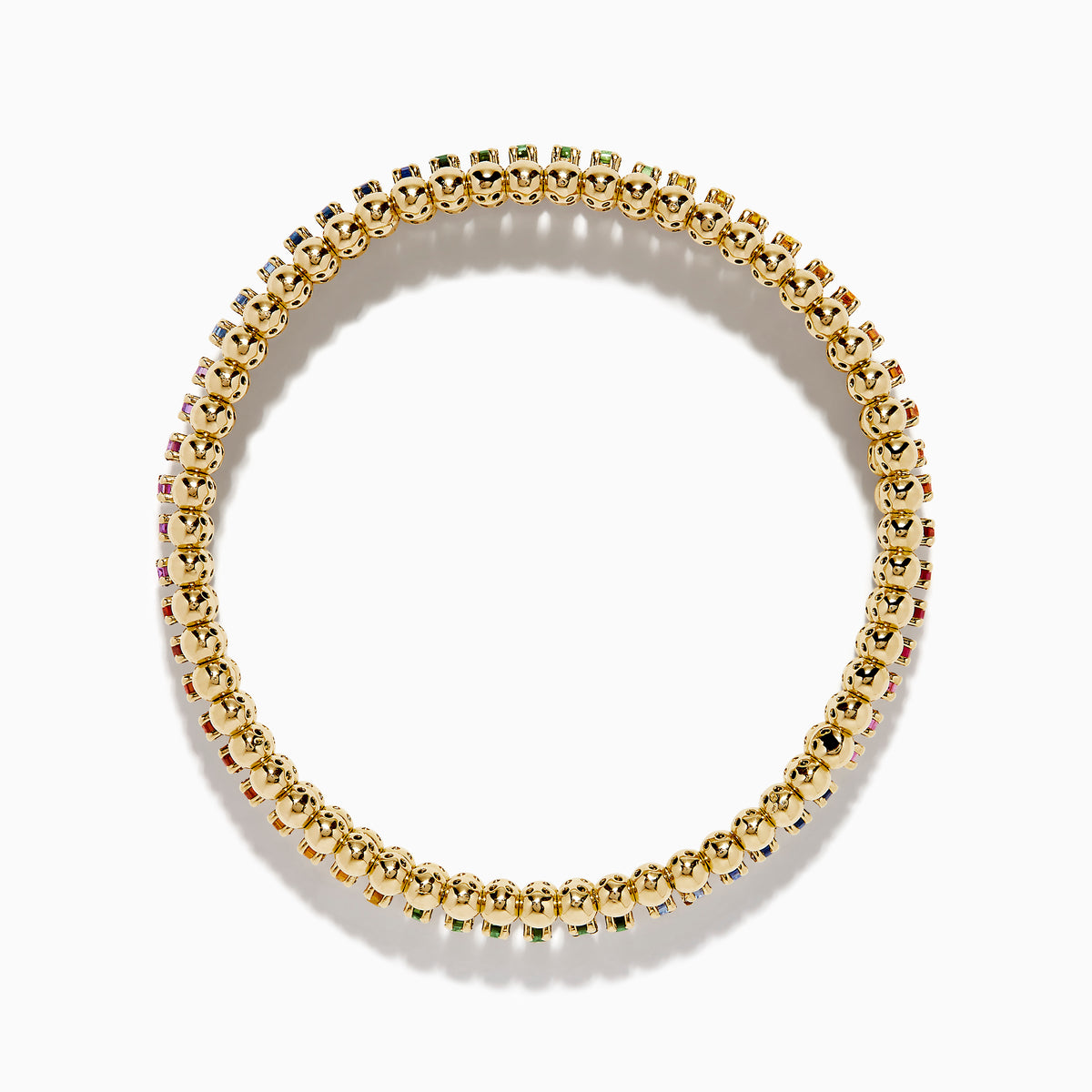 The Watercolors 14K Yellow Gold Multi Sapphire Stretch Bracelet features rectangular sapphires in a vibrant rainbow pattern set in yellow gold.