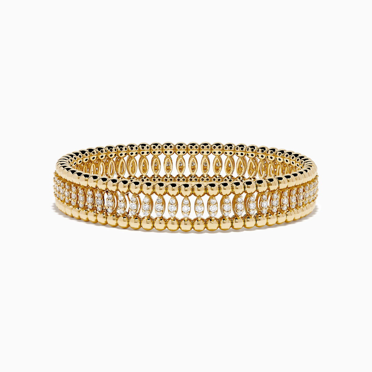 The D'Oro 14K Yellow Gold Diamond Stretch Bracelet features rounded beads and a central row of sparkling diamonds in a symmetrical, elegant design.