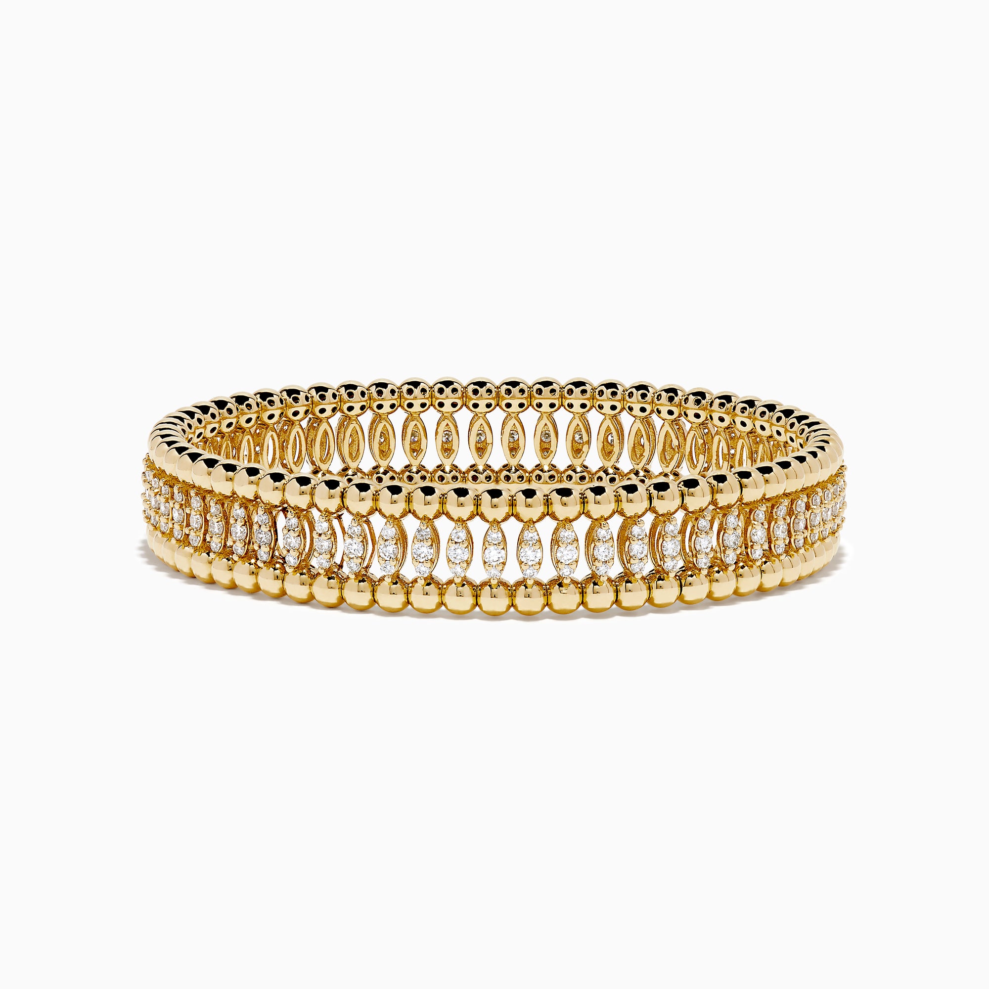The D'Oro 14K Yellow Gold Diamond Stretch Bracelet features rounded beads and a central row of sparkling diamonds in a symmetrical, elegant design.