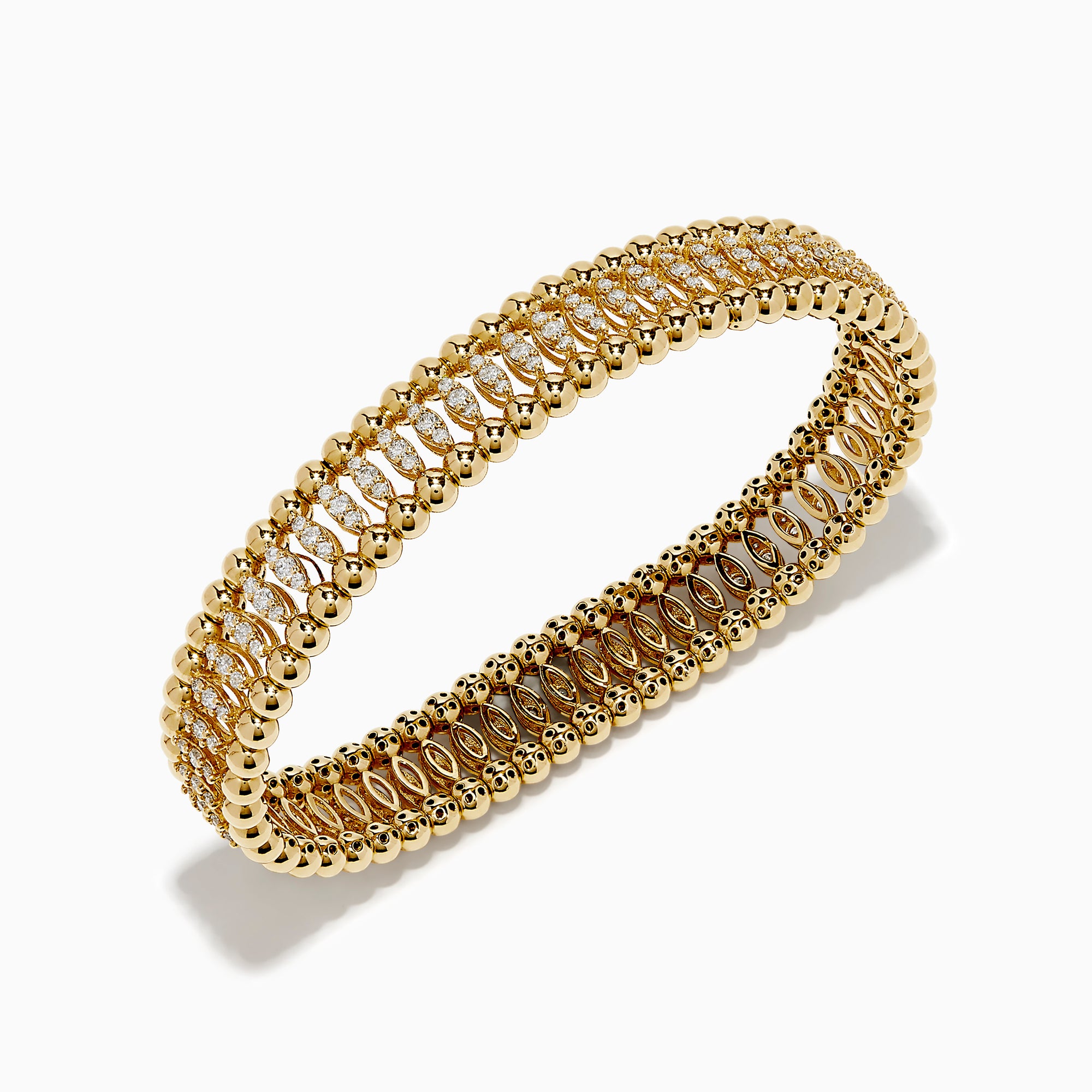 The D'Oro 14K Yellow Gold Diamond Stretch Bracelet features rounded beads and a central row of sparkling diamonds in a symmetrical, elegant design.