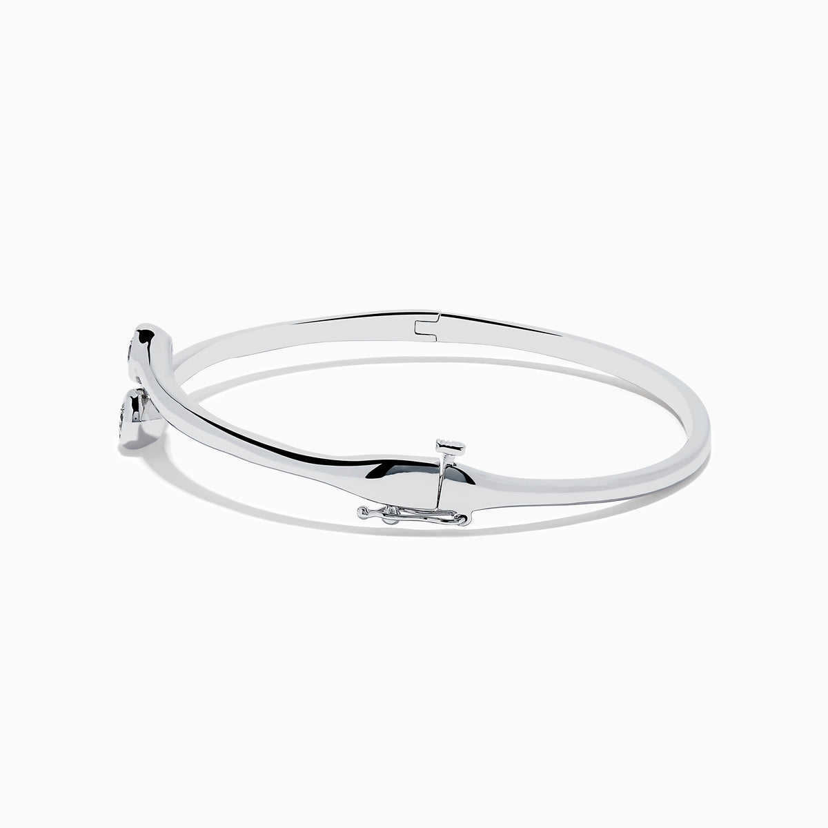 A sleek, minimalist Pave Classica 14K White Gold Two-of-Us Diamond Bangle with a stirrup-shaped clasp is displayed on a white background—an elegant Effy design for timeless style.
