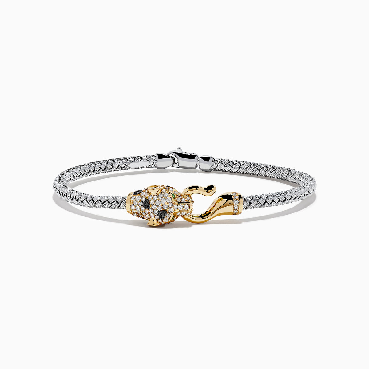 The Signature 14K Two Tone Gold Diamond and Emerald Panther Bangle features a silver mesh bracelet and a panther-shaped clasp with diamond accents and emerald eyes, shown on a white background.