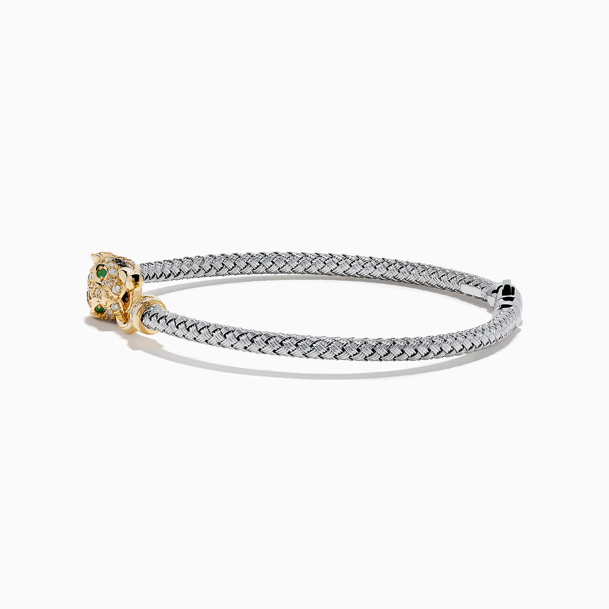 The Signature 14K Two Tone Gold Diamond and Emerald Panther Bangle features a silver mesh bracelet and a panther-shaped clasp with diamond accents and emerald eyes, shown on a white background.