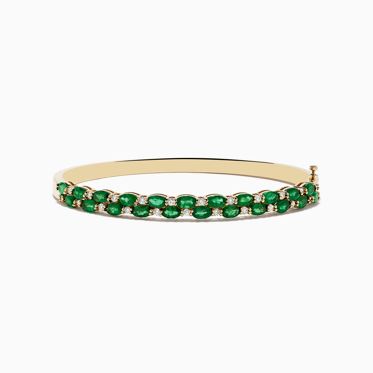 The 14K Yellow Gold Emerald and Diamond Bangle features two rows of round emeralds bordered by smaller diamonds, with a side clasp.