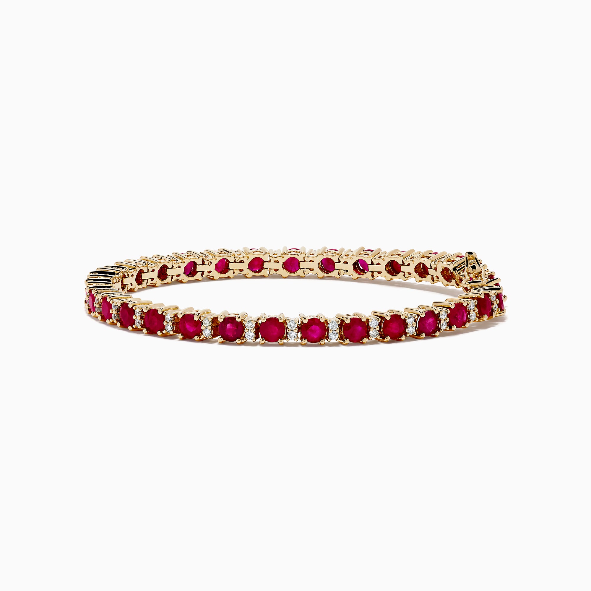 The Ruby Royale 14K Yellow Gold Ruby and Diamond Tennis Bracelet features a single row of round rubies and diamonds in prong settings, elegantly displayed against a white background.