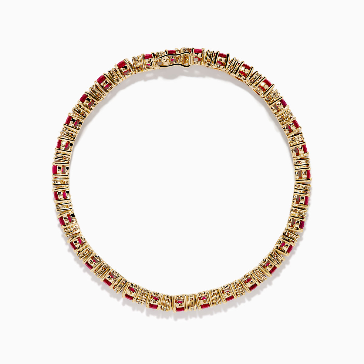 The Ruby Royale 14K Yellow Gold Ruby and Diamond Tennis Bracelet features a single row of round rubies and diamonds in prong settings, elegantly displayed against a white background.