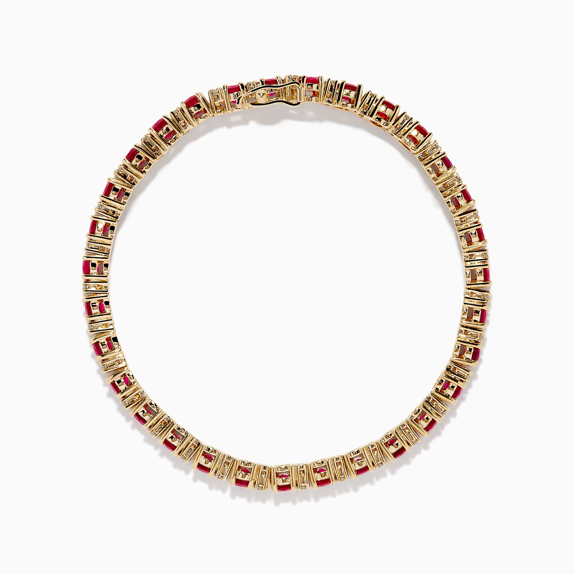 The Ruby Royale 14K Yellow Gold Ruby and Diamond Tennis Bracelet features a single row of round rubies and diamonds in prong settings, elegantly displayed against a white background.