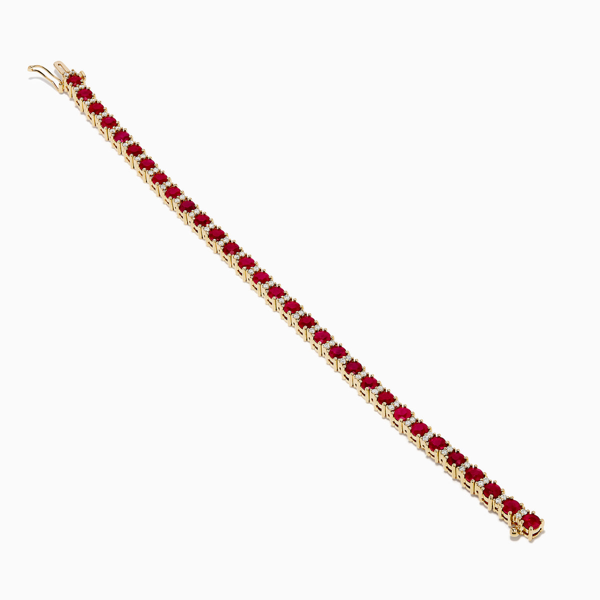 The Ruby Royale 14K Yellow Gold Ruby and Diamond Tennis Bracelet features a single row of round rubies and diamonds in prong settings, elegantly displayed against a white background.