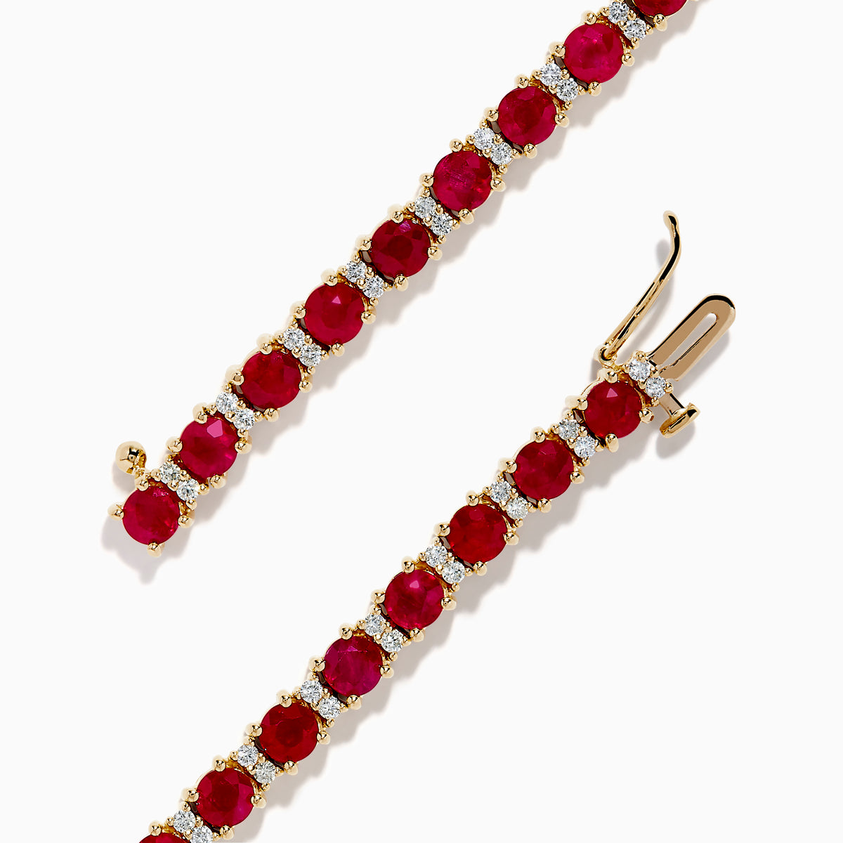 The Ruby Royale 14K Yellow Gold Ruby and Diamond Tennis Bracelet features a single row of round rubies and diamonds in prong settings, elegantly displayed against a white background.