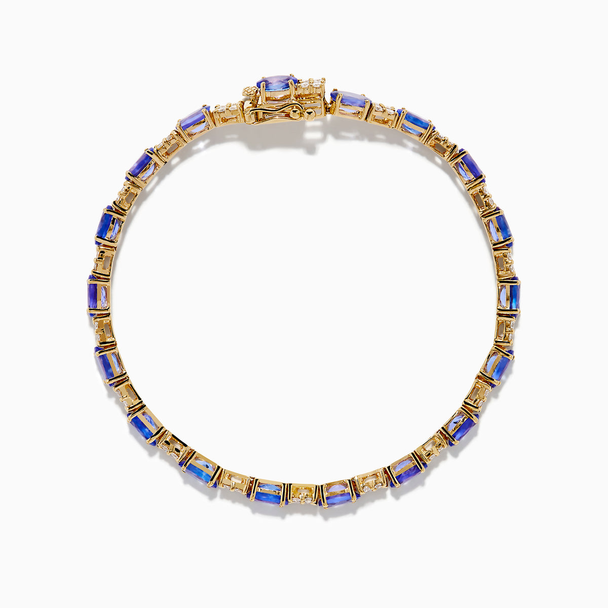 The 14K Yellow Gold Tanzanite and Diamond Tennis Bracelet showcases alternating round blue tanzanites and sparkling diamonds in a single row, secured with a reliable clasp.
