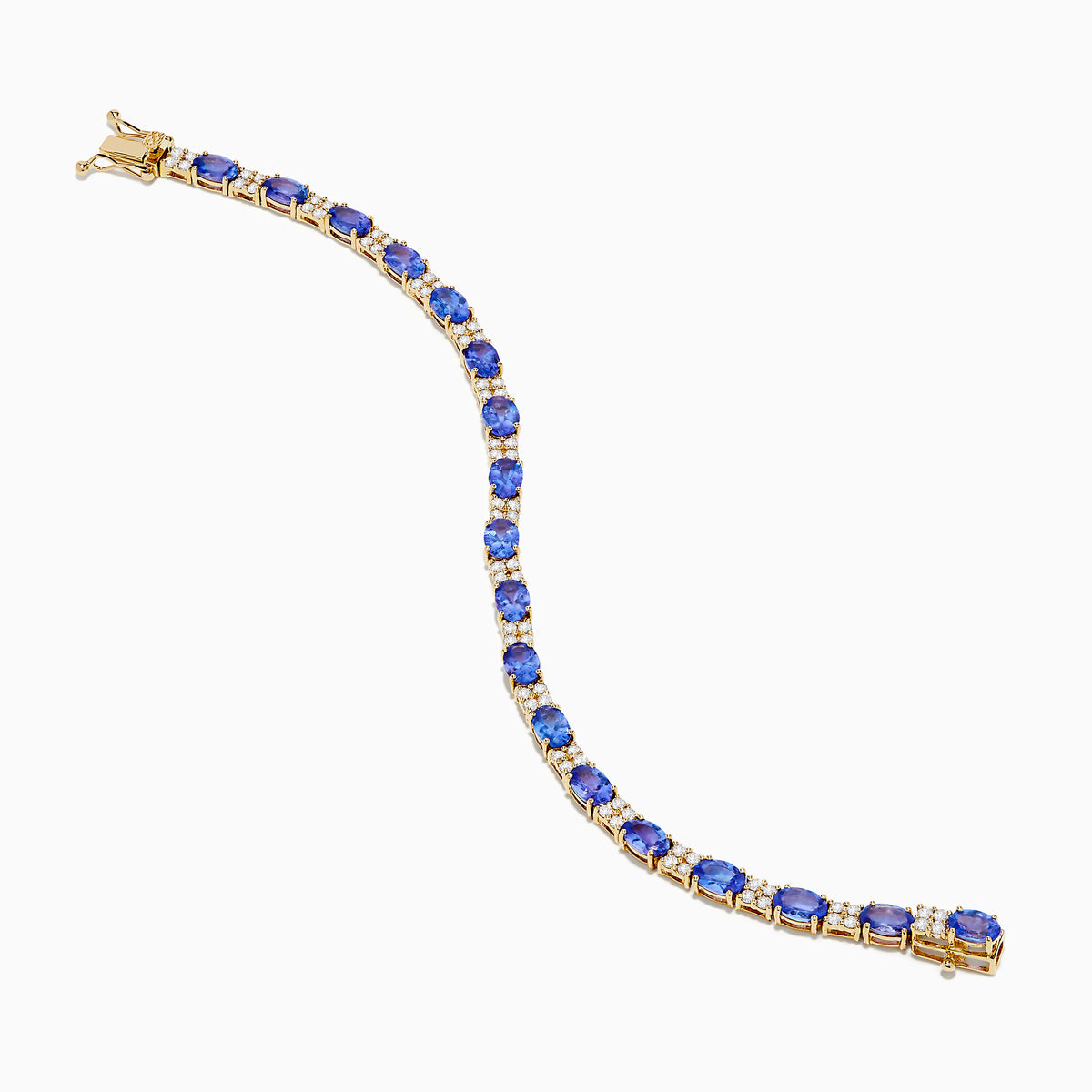 The 14K Yellow Gold Tanzanite and Diamond Tennis Bracelet showcases alternating round blue tanzanites and sparkling diamonds in a single row, secured with a reliable clasp.
