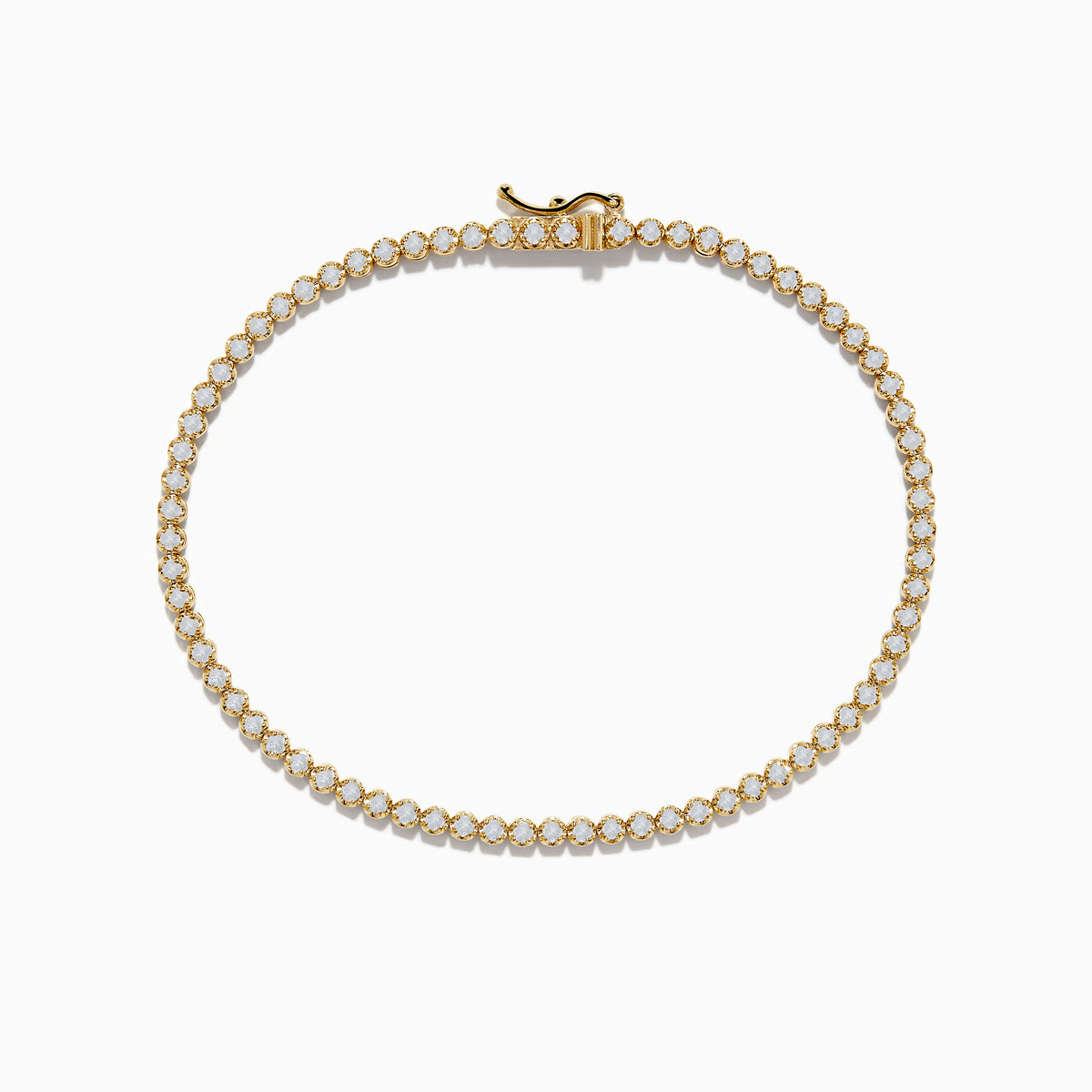 The 14K Yellow Gold Diamond Tennis Bracelet 1.30 TCW features a single row of round white diamonds in prong settings, displayed in a circular shape on a white background.