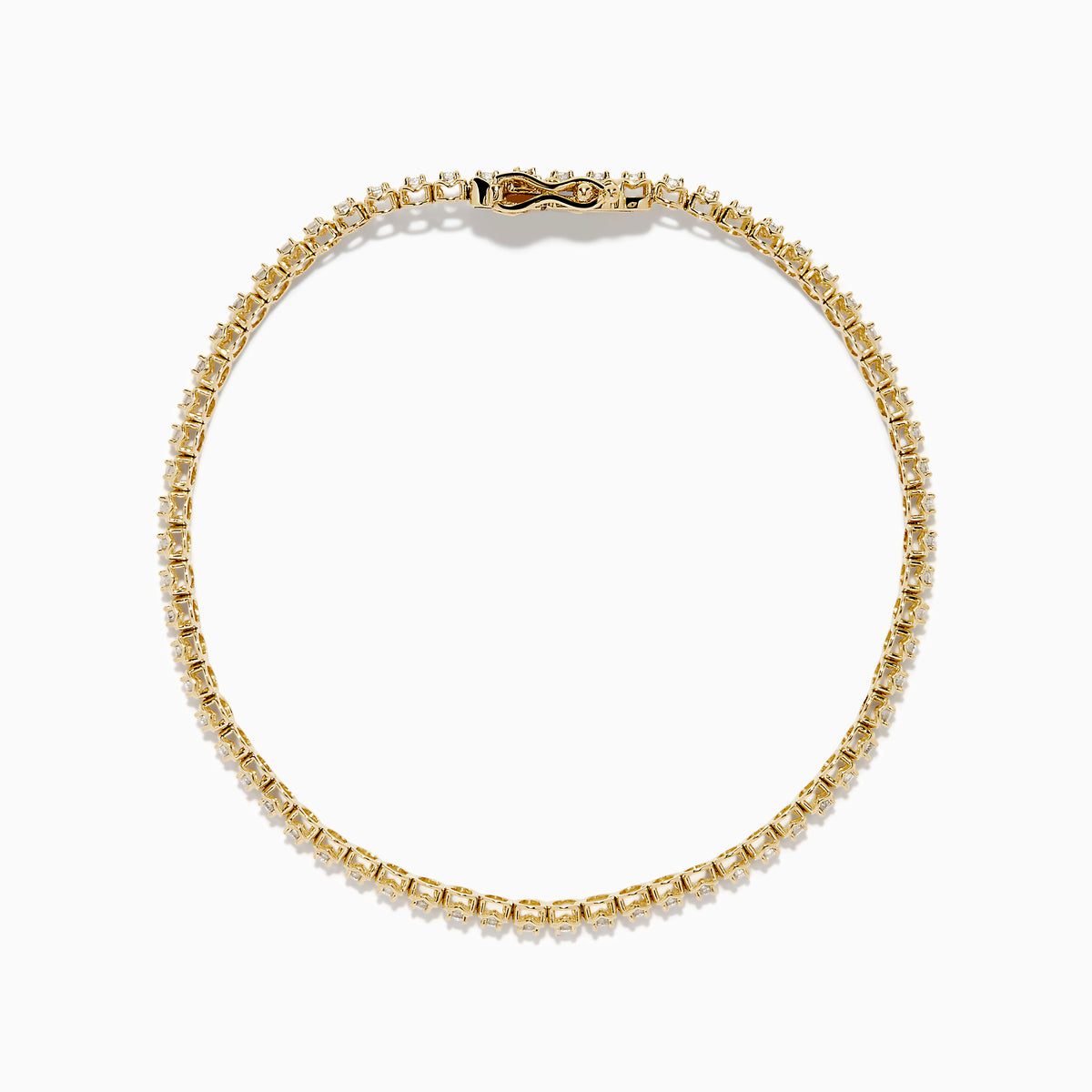 The 14K Yellow Gold 1.0 Ct. Diamond Tennis Bracelet showcases a single row of round white diamonds in individual settings, presented on a plain white background.