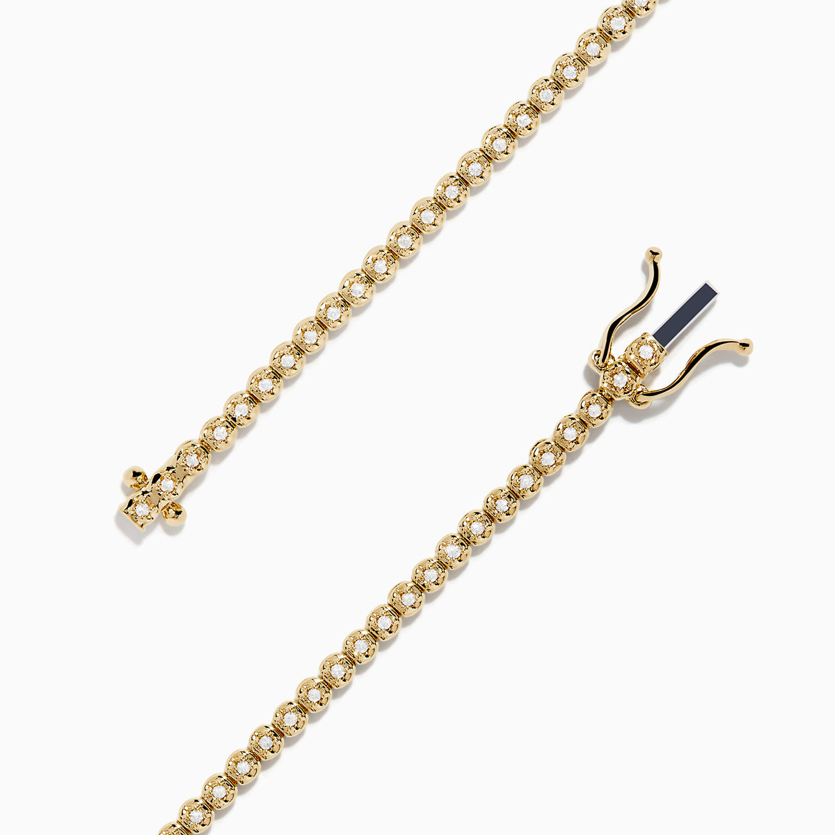 The 14K Yellow Gold 0.25 Ct. Diamond Tennis Bracelet features small, evenly spaced round diamonds and is displayed on a white background.