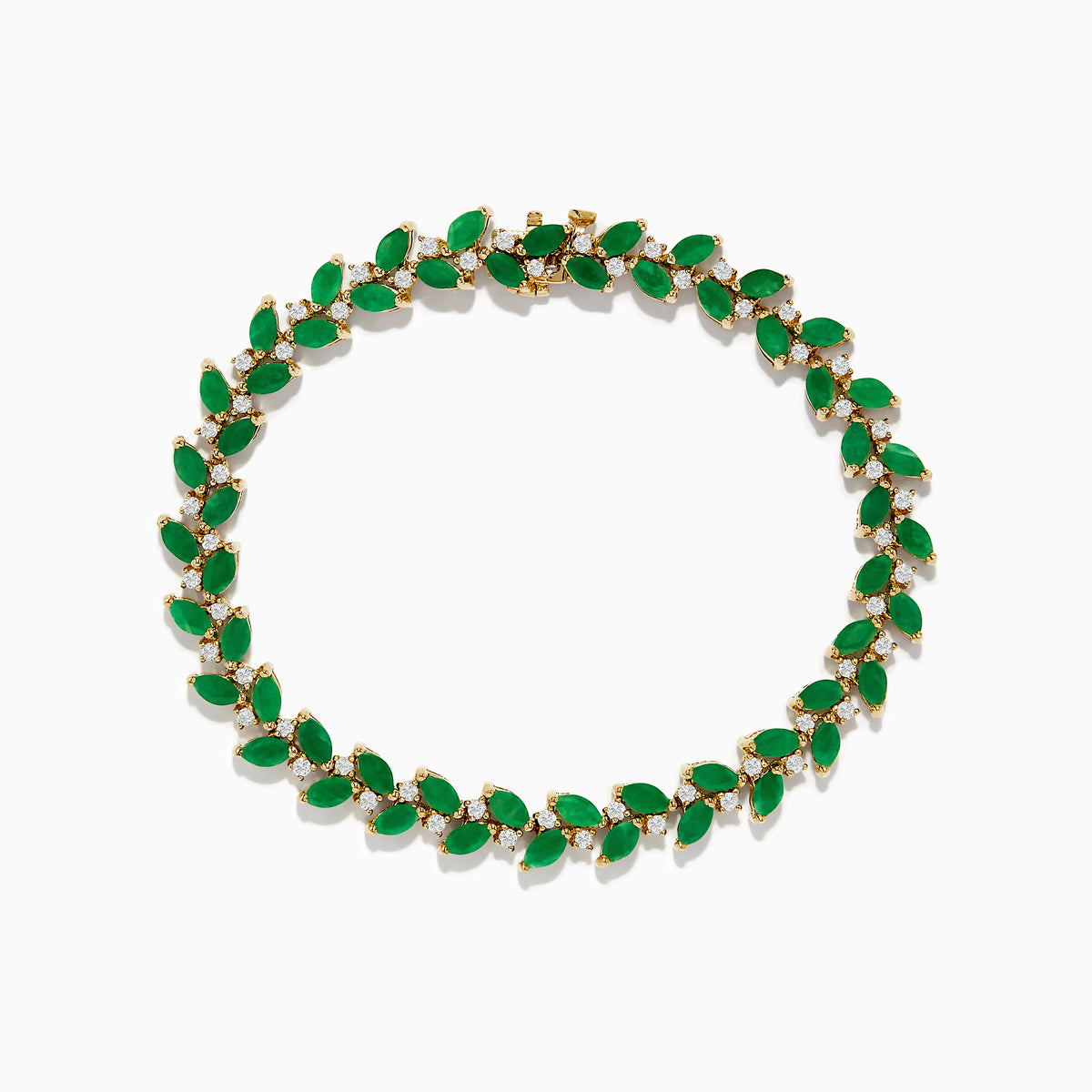 The Brasilica 14K Yellow Gold Emerald and Diamond Bracelet showcases alternating marquise-shaped emeralds and small round diamonds in a leaf-inspired pattern, forming a complete oval design.
