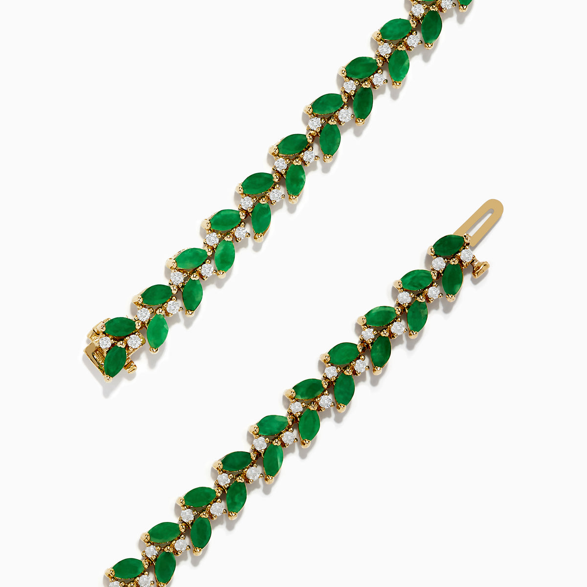 The Brasilica 14K Yellow Gold Emerald and Diamond Bracelet showcases alternating marquise-shaped emeralds and small round diamonds in a leaf-inspired pattern, forming a complete oval design.