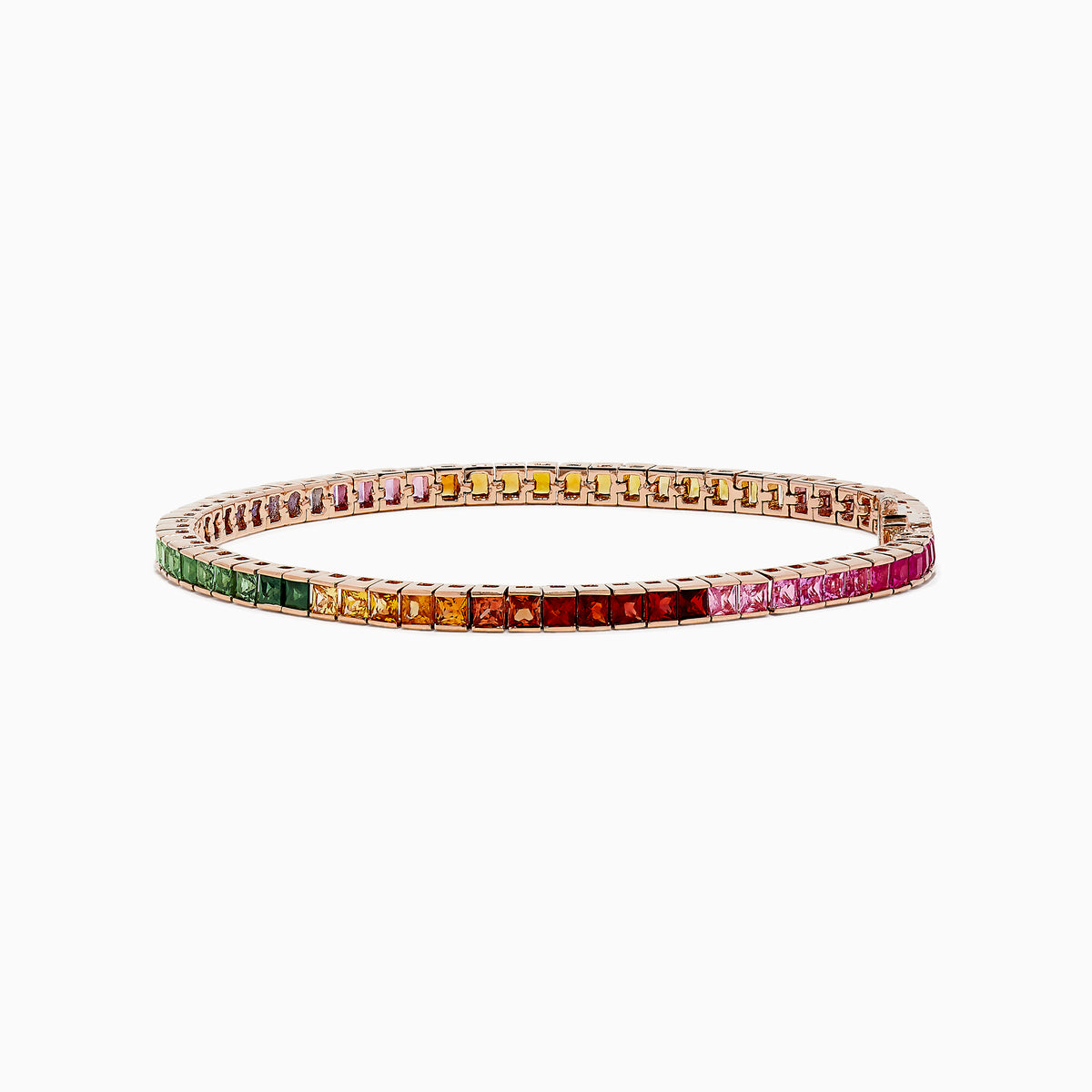 The Watercolors 14K Rose Gold Multi Sapphire Bracelet features square-cut sapphires in a gradient rainbow design, elegantly set in a thin rose gold band and shown against a white background.