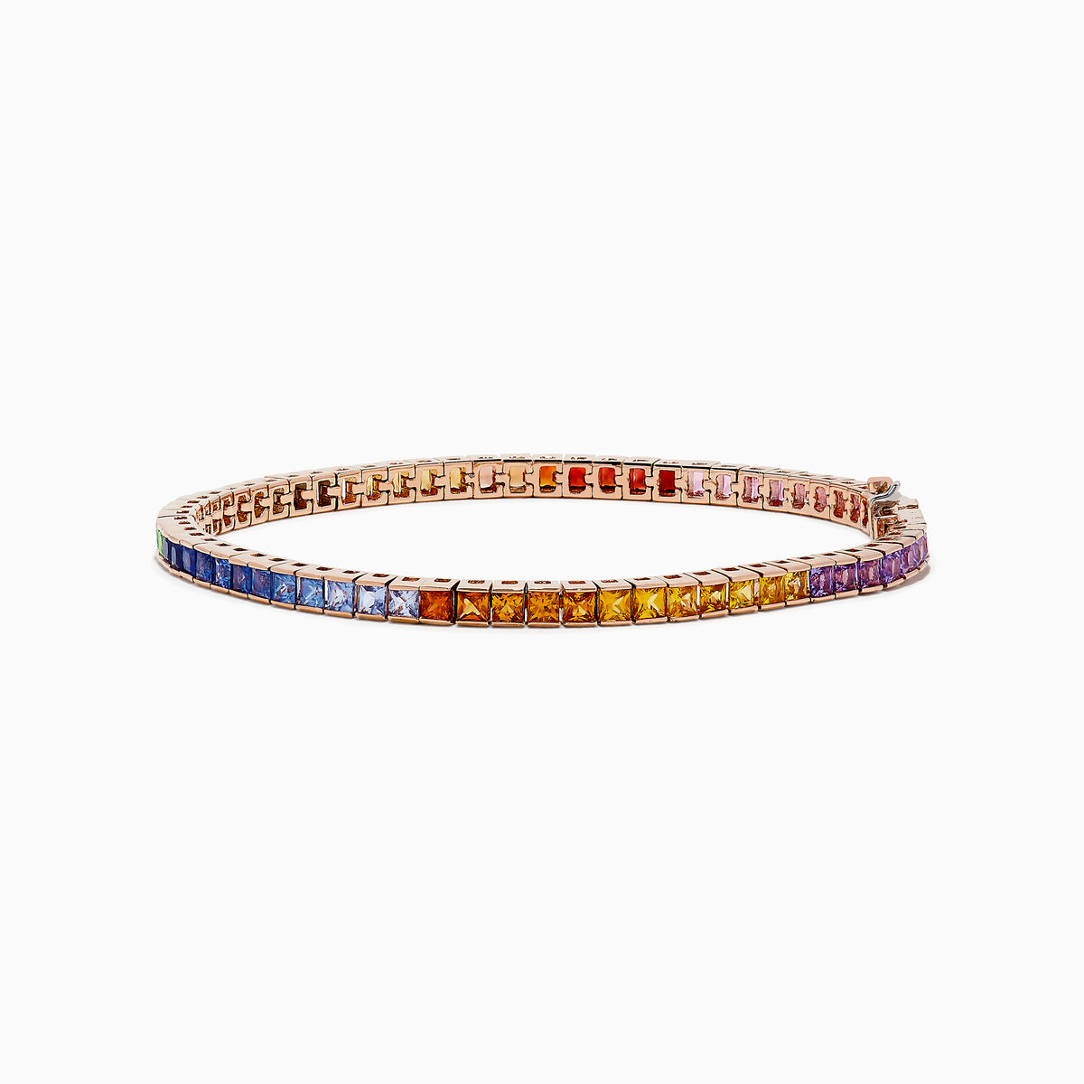 The Watercolors 14K Rose Gold Multi Sapphire Bracelet features square-cut sapphires in a gradient rainbow design, elegantly set in a thin rose gold band and shown against a white background.