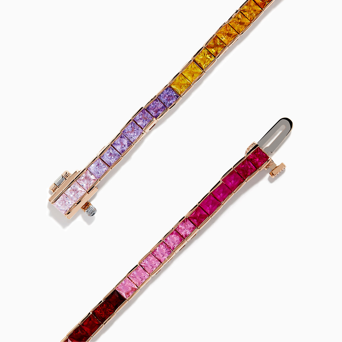 The Watercolors 14K Rose Gold Multi Sapphire Bracelet features square-cut sapphires in a gradient rainbow design, elegantly set in a thin rose gold band and shown against a white background.