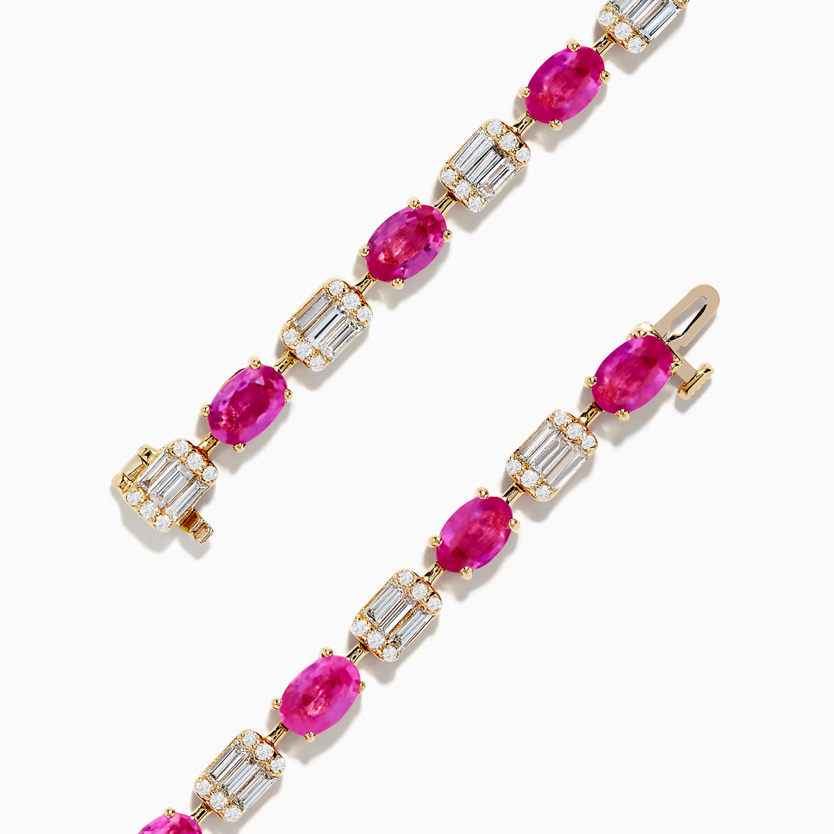 The 14K Yellow Gold Pink Sapphire and Diamond Tennis Bracelet features alternating oval pink sapphires and rectangular white diamonds set in an intricate yellow gold band.