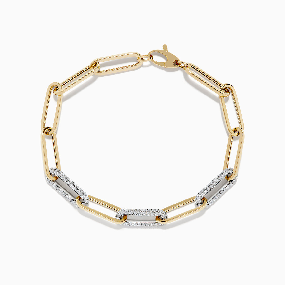The Duo 14k Two-Tone Gold Paperclip Pave Diamond Bracelet features elongated links, some adorned with pavé diamonds, and is shown on a white background.