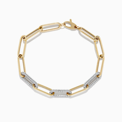 The Duo 14k Two-Tone Gold Paperclip Pave Diamond Bracelet features elongated links, some adorned with pavé diamonds, and is shown on a white background.