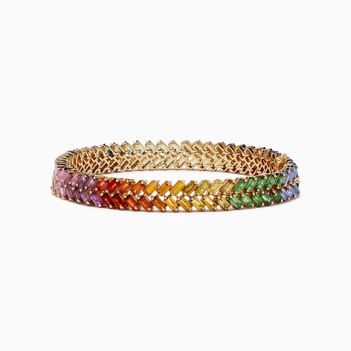The Watercolors 14K Yellow Gold Multi Sapphire Double Lined Baguette Bracelet features baguette-cut sapphires in a diagonal rainbow gradient, elegantly arranged around the band and shown on a white background.
