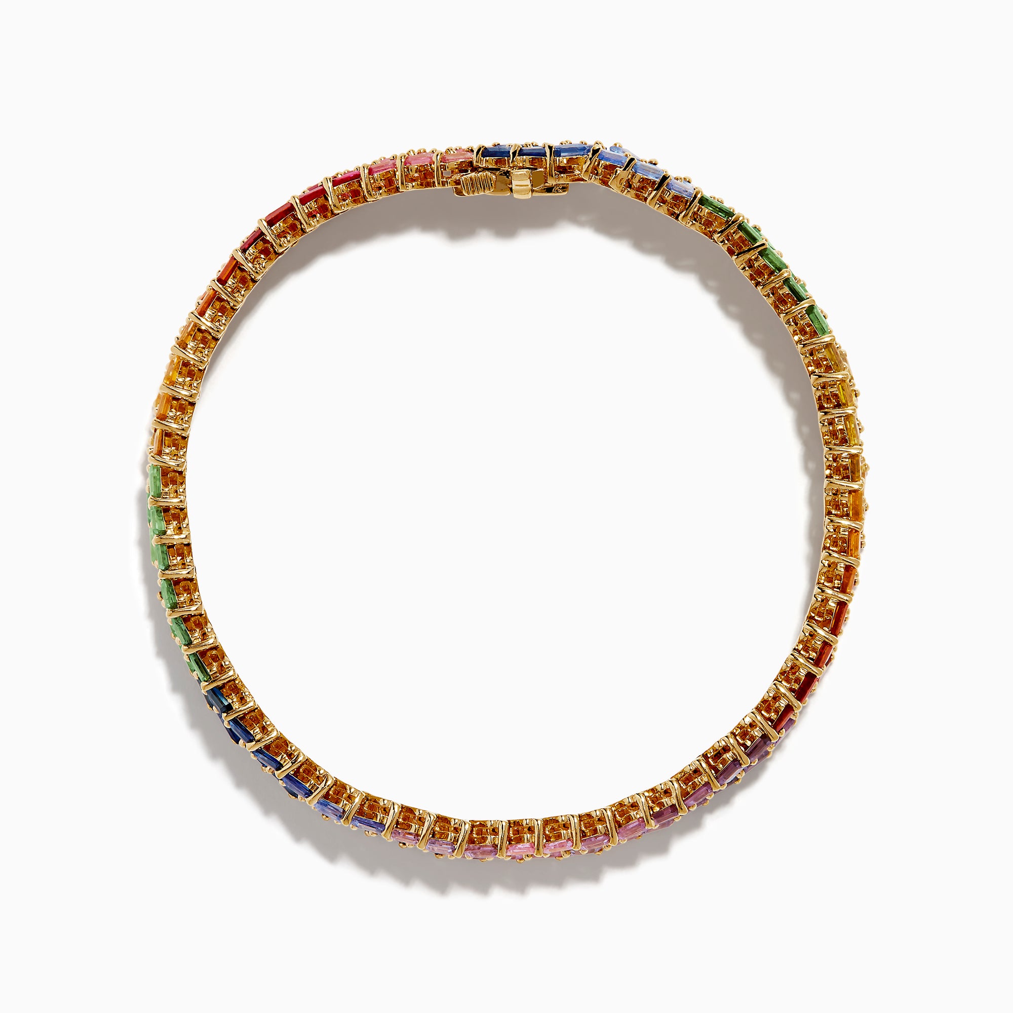 The Watercolors 14K Yellow Gold Multi Sapphire Double Lined Baguette Bracelet features baguette-cut sapphires in a diagonal rainbow gradient, elegantly arranged around the band and shown on a white background.