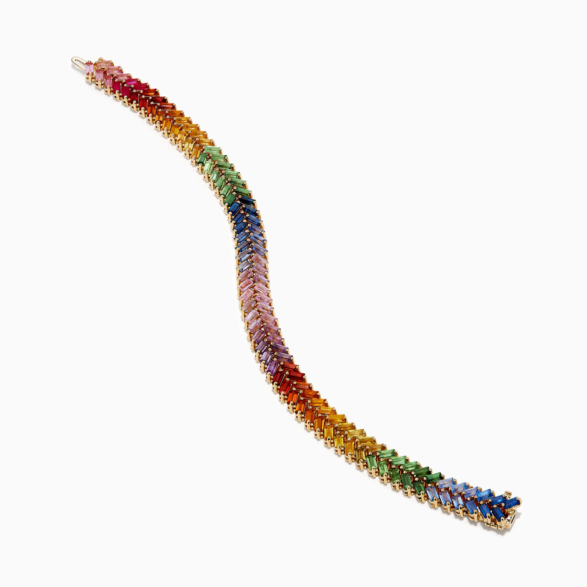 The Watercolors 14K Yellow Gold Multi Sapphire Double Lined Baguette Bracelet features baguette-cut sapphires in a diagonal rainbow gradient, elegantly arranged around the band and shown on a white background.