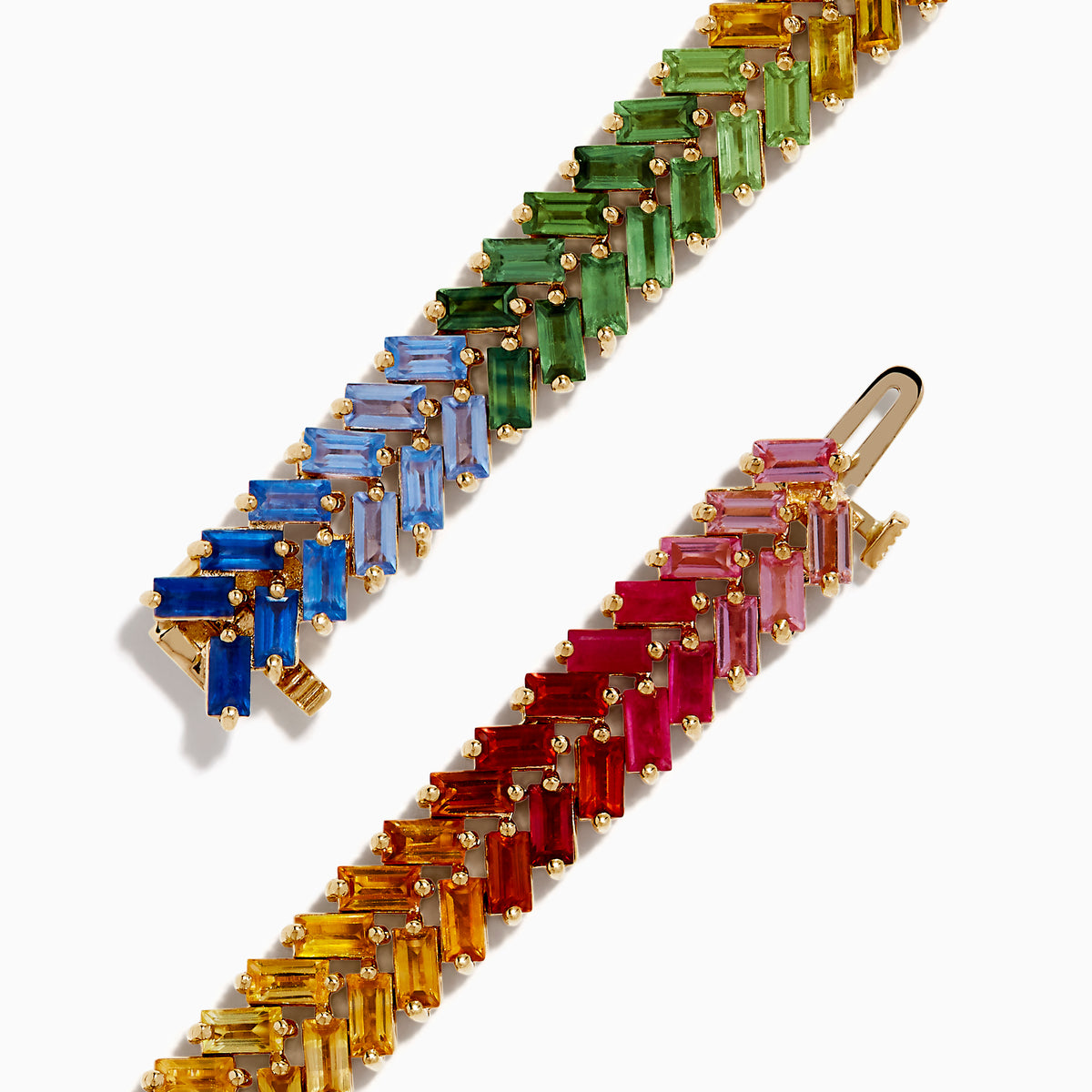 The Watercolors 14K Yellow Gold Multi Sapphire Double Lined Baguette Bracelet features baguette-cut sapphires in a diagonal rainbow gradient, elegantly arranged around the band and shown on a white background.