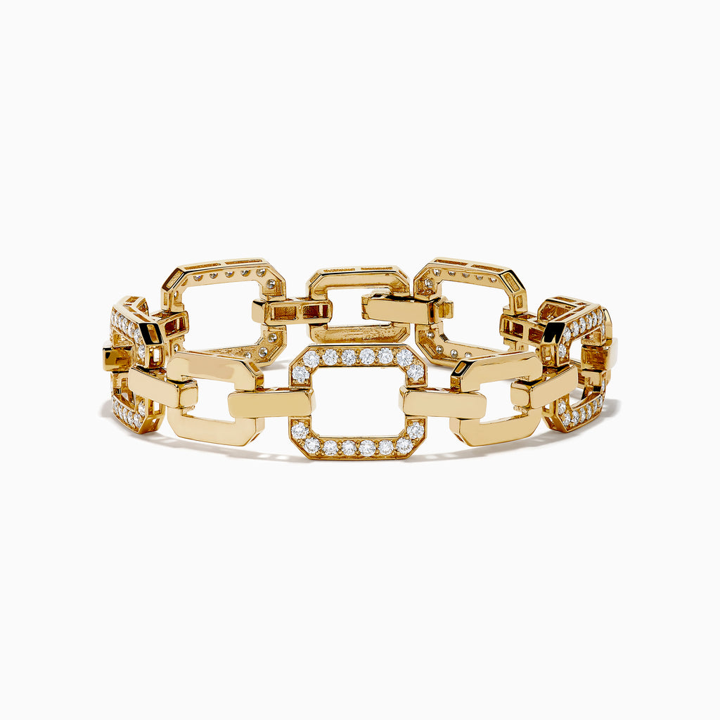 The D'Oro 14K Yellow Gold Diamond Bracelet features large rectangular links adorned with rows of sparkling diamonds, showcased against a white background.