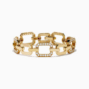 The D'Oro 14K Yellow Gold Diamond Bracelet features large rectangular links adorned with rows of sparkling diamonds, showcased against a white background.