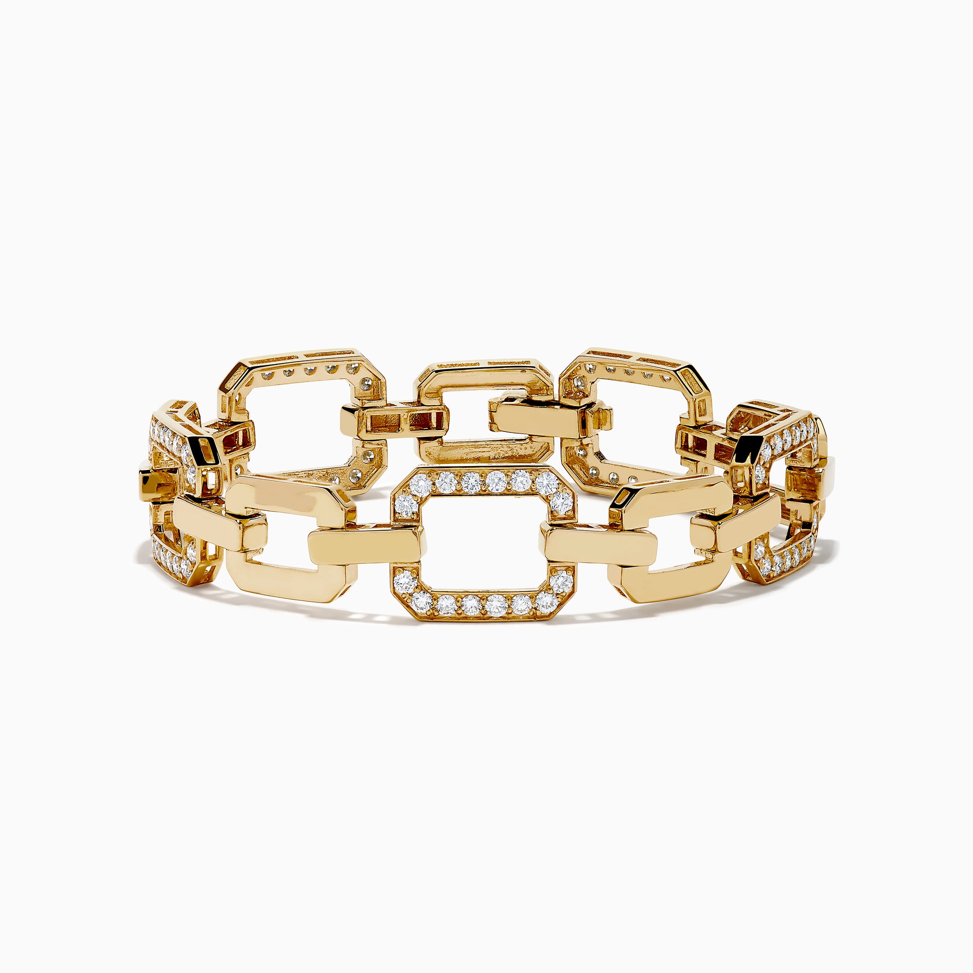 The D'Oro 14K Yellow Gold Diamond Bracelet features large rectangular links adorned with rows of sparkling diamonds, showcased against a white background.