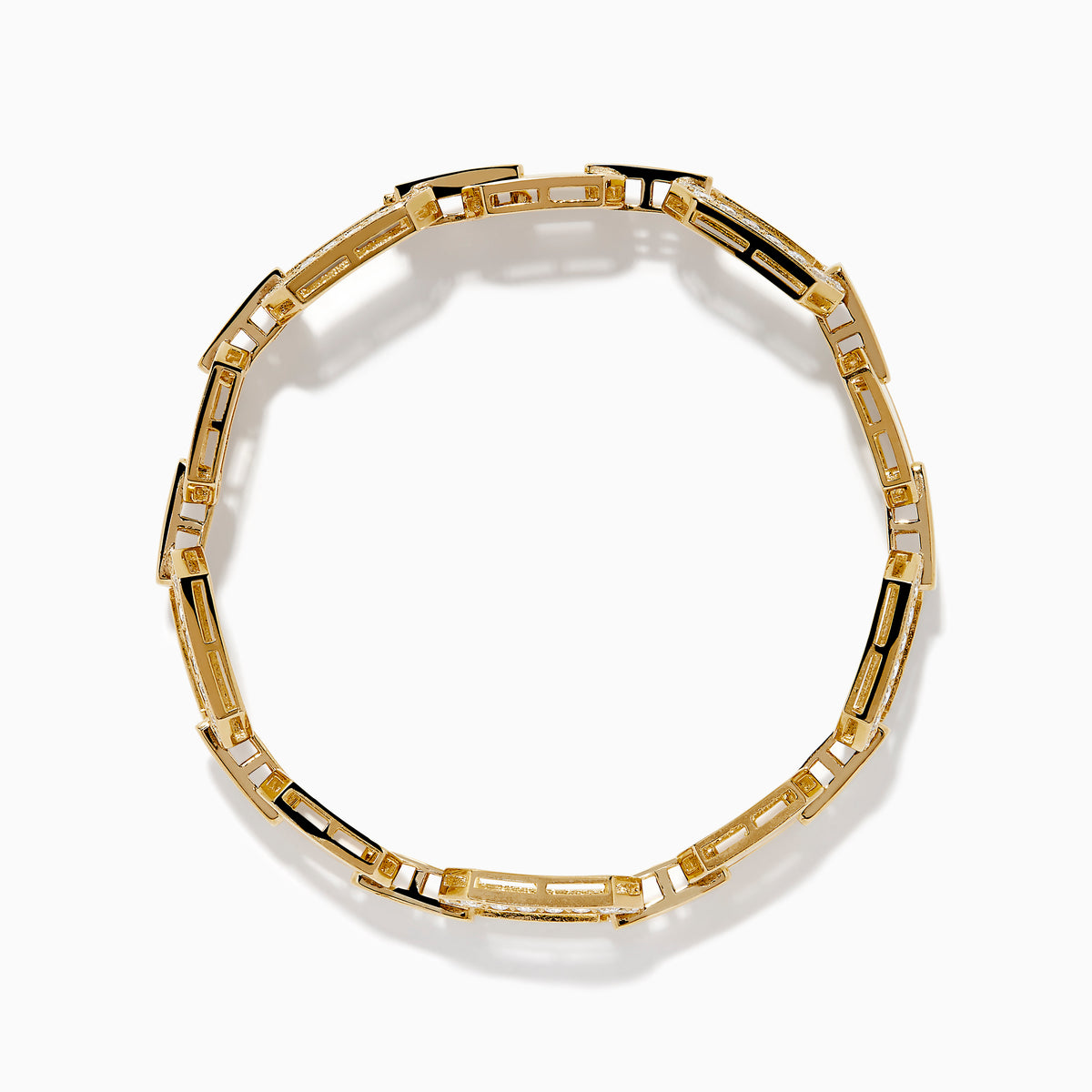 The D'Oro 14K Yellow Gold Diamond Bracelet features large rectangular links adorned with rows of sparkling diamonds, showcased against a white background.